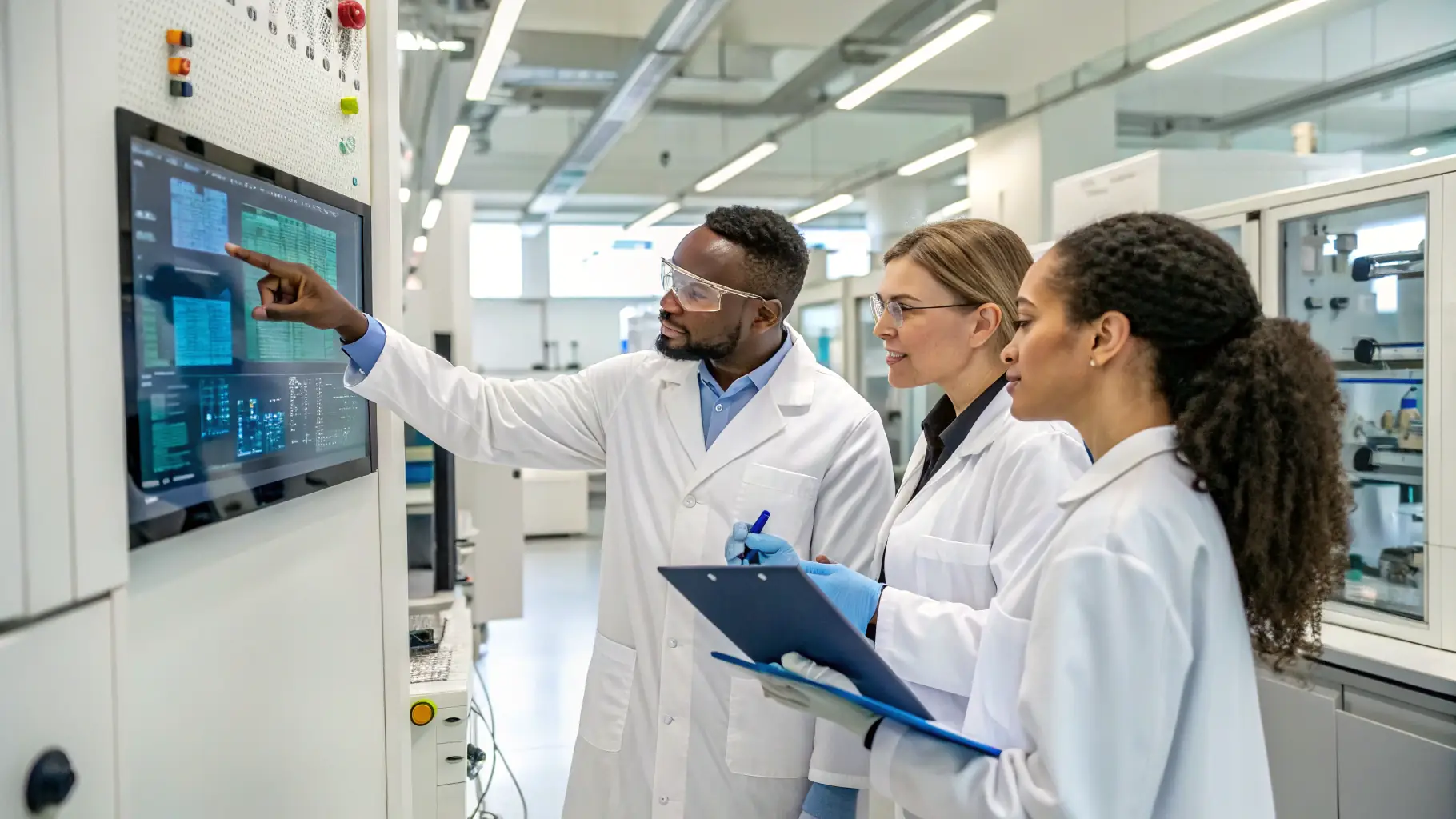A team of scientists working in a modern laboratory, analyzing data and conducting experiments.