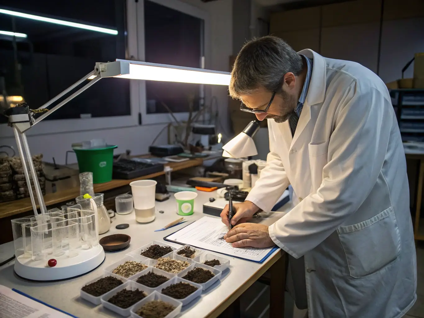 An image showing soil sampling and laboratory analysis equipment, illustrating Innovazione Scienza's environmental and soil analysis services.