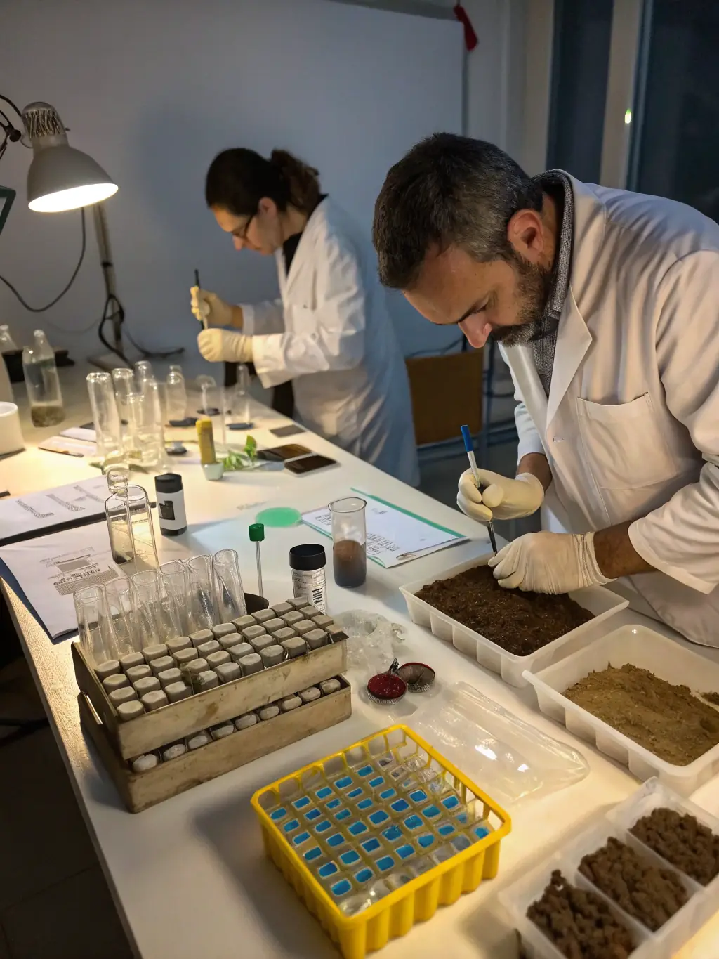 An image depicting soil sampling and analysis in a lab setting, showcasing Innovazione Scienza's environmental and soil analysis services.