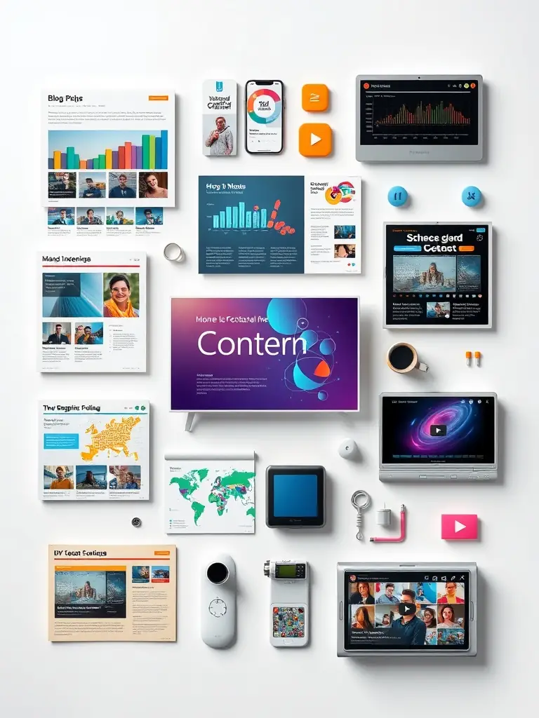 A collage of scientific infographics, articles, and multimedia content, representing Innovazione Scienza's digital content publishing services.